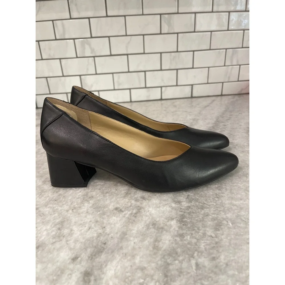 Naturalizer Pump Women 8 Black Leather Block Heel Pointed Toe Dress Shoe